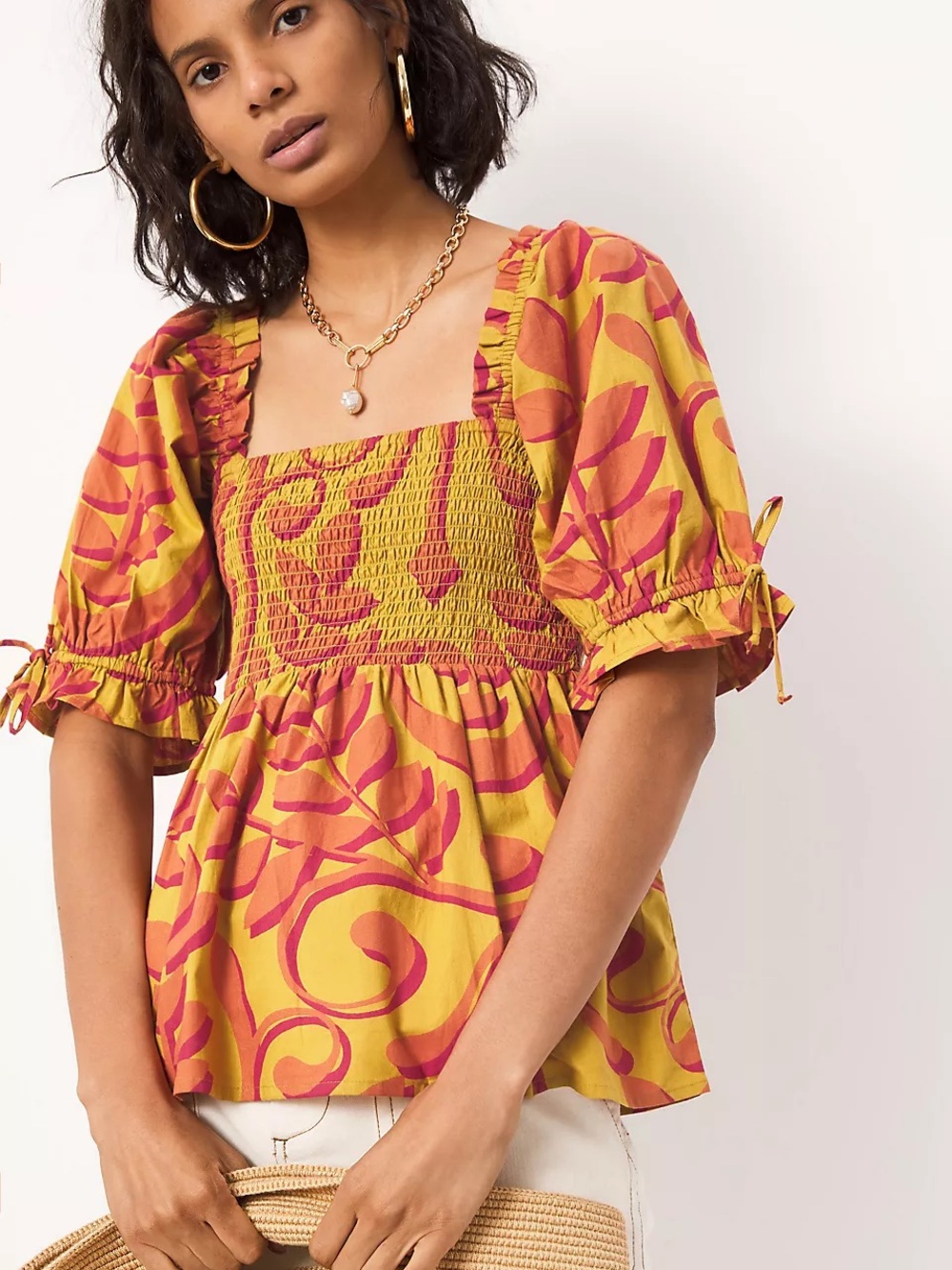 Porridge Anthropologie Jina Smocked Babydoll Blouse Yellow Orange Size Small